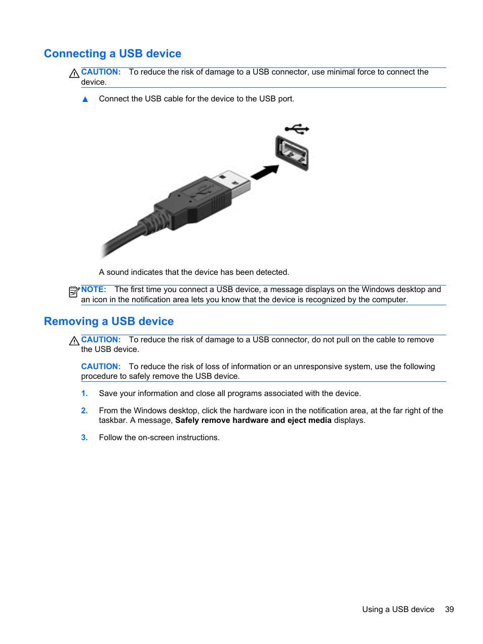 Connecting a usb device, Removing a usb device, Connecting a usb device removing a usb device | HP ENVY Recline 23-k119c TouchSmart All-in-One Desktop PC User Manual | Page 45 / 79