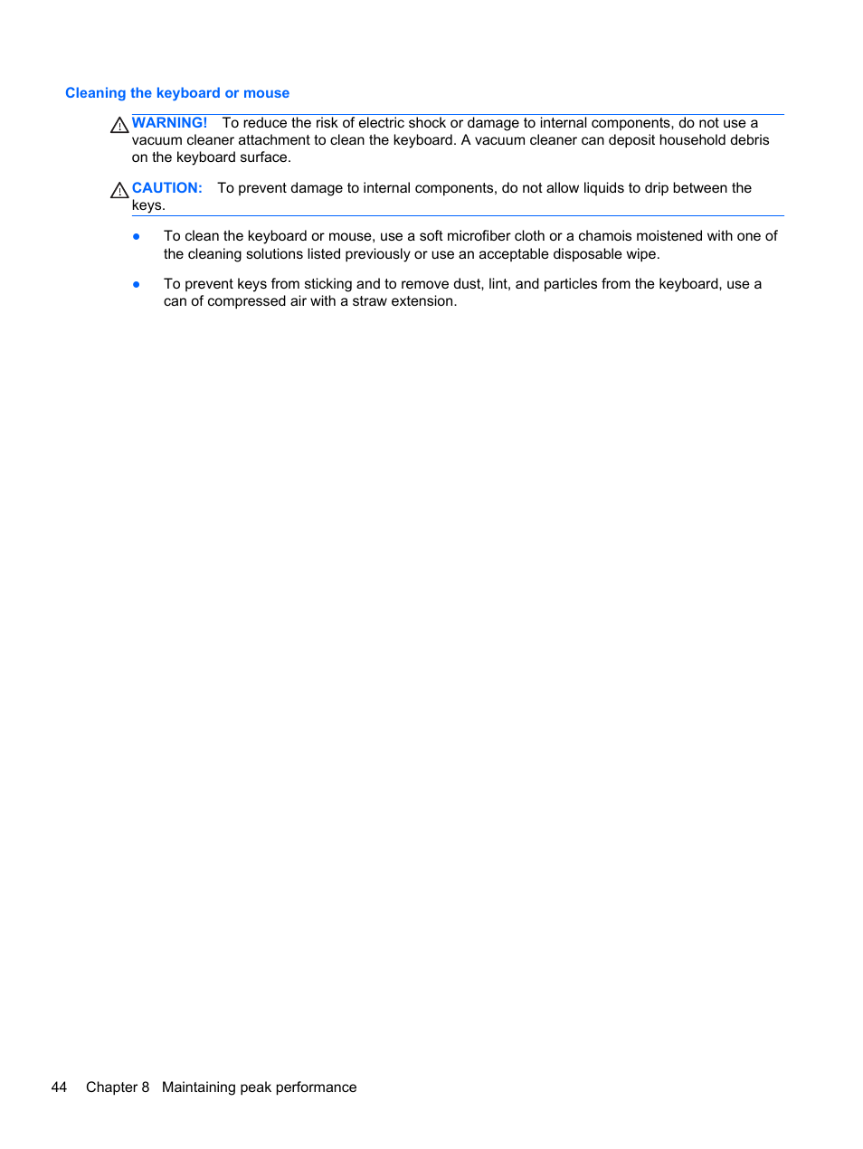 Cleaning the keyboard or mouse | HP ENVY Recline 23-k119c TouchSmart All-in-One Desktop PC User Manual | Page 50 / 79