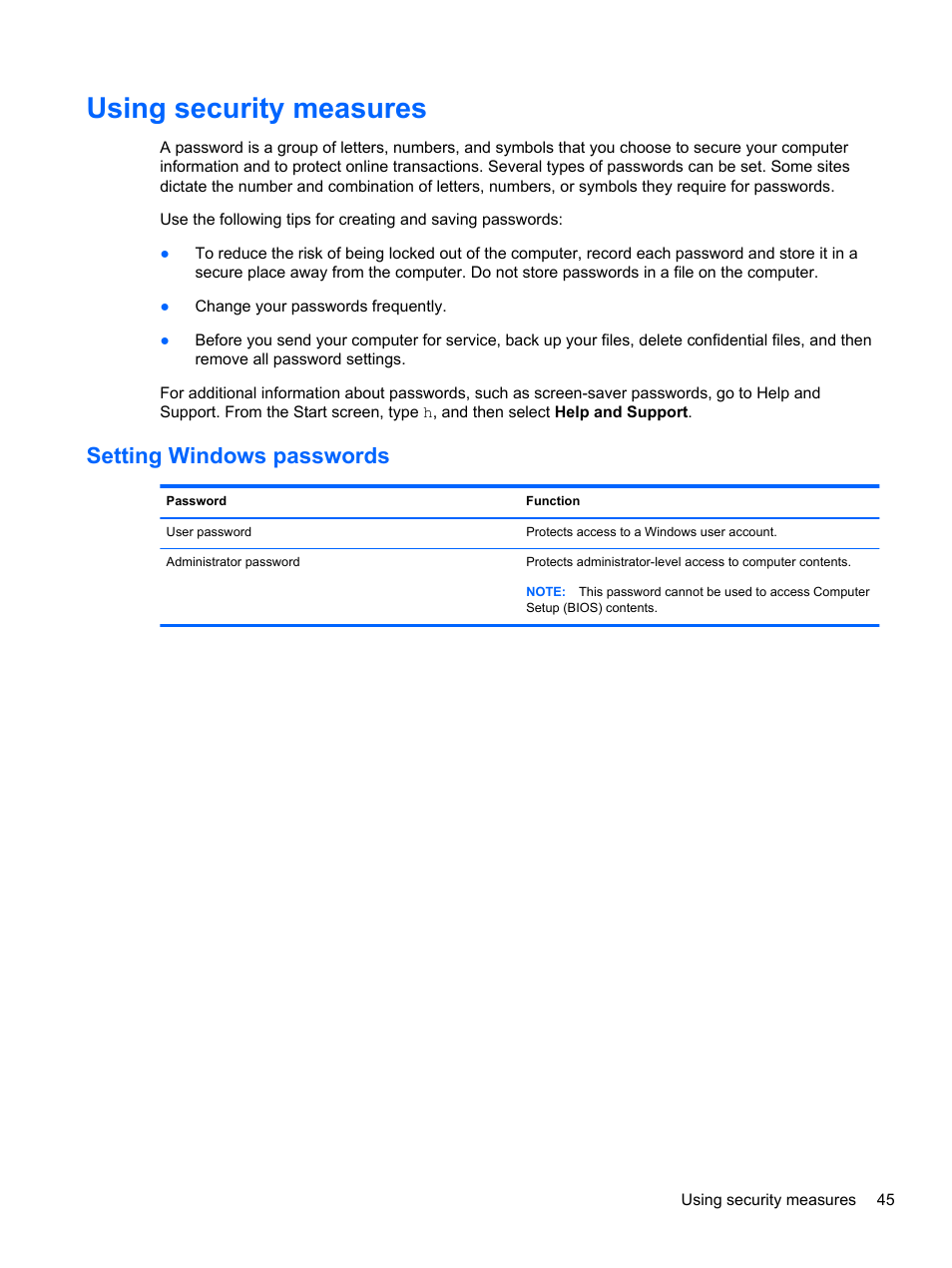 Using security measures, Setting windows passwords | HP ENVY Recline 23-k119c TouchSmart All-in-One Desktop PC User Manual | Page 51 / 79