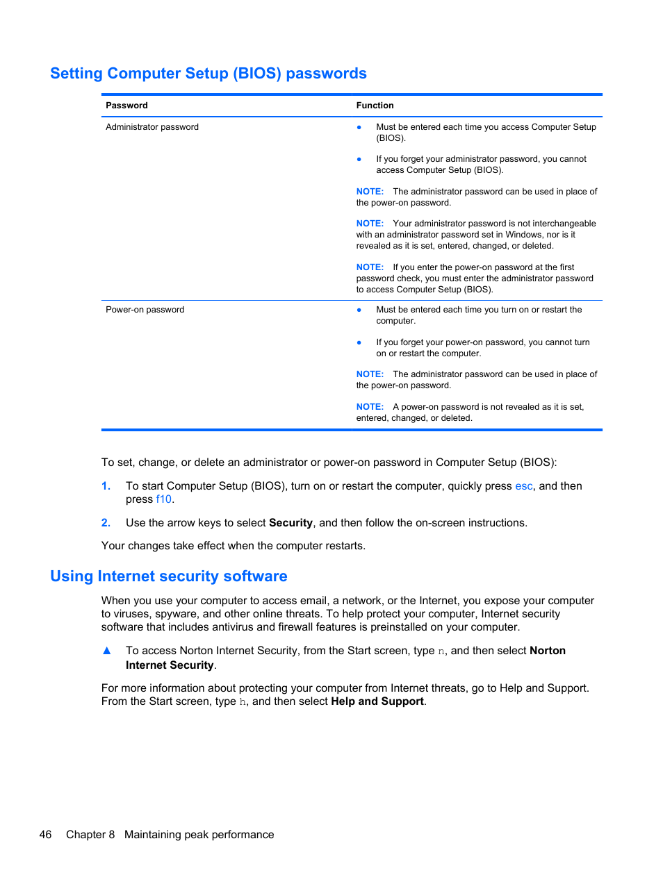 Setting computer setup (bios) passwords, Using internet security software | HP ENVY Recline 23-k119c TouchSmart All-in-One Desktop PC User Manual | Page 52 / 79