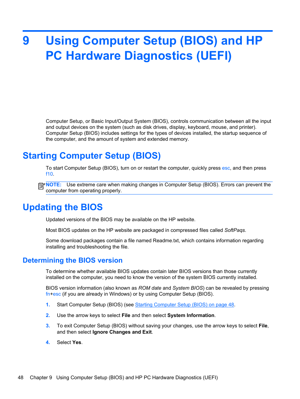 Starting computer setup (bios), Updating the bios, Determining the bios version | Starting computer setup (bios) updating the bios | HP ENVY Recline 23-k119c TouchSmart All-in-One Desktop PC User Manual | Page 54 / 79