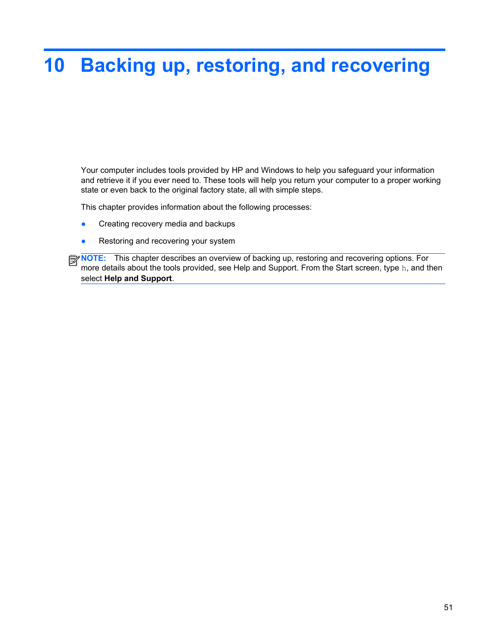 Backing up, restoring, and recovering, 10 backing up, restoring, and recovering | HP ENVY Recline 23-k119c TouchSmart All-in-One Desktop PC User Manual | Page 57 / 79