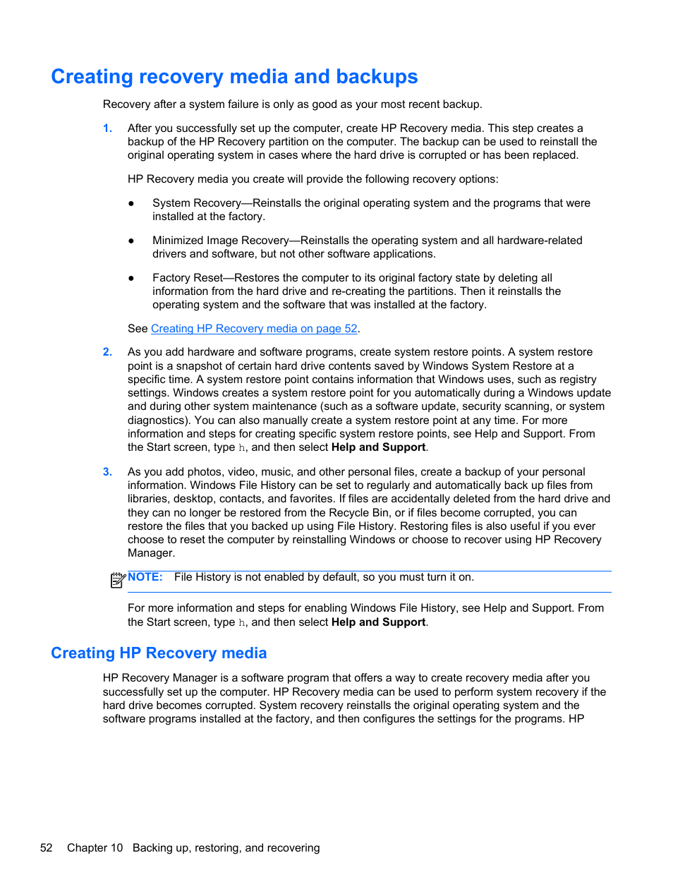 Creating recovery media and backups, Creating hp recovery media | HP ENVY Recline 23-k119c TouchSmart All-in-One Desktop PC User Manual | Page 58 / 79