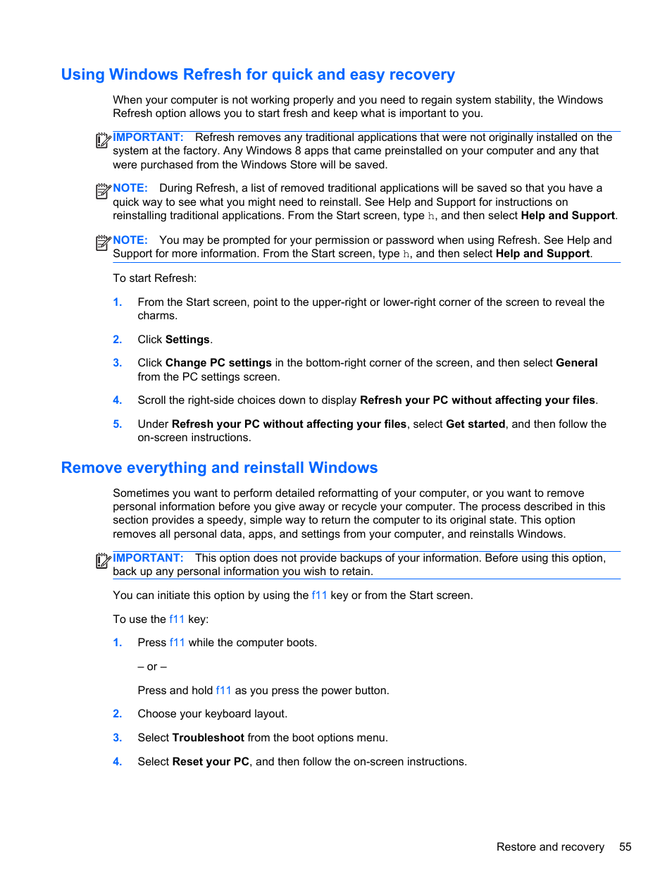 Using windows refresh for quick and easy recovery, Remove everything and reinstall windows | HP ENVY Recline 23-k119c TouchSmart All-in-One Desktop PC User Manual | Page 61 / 79