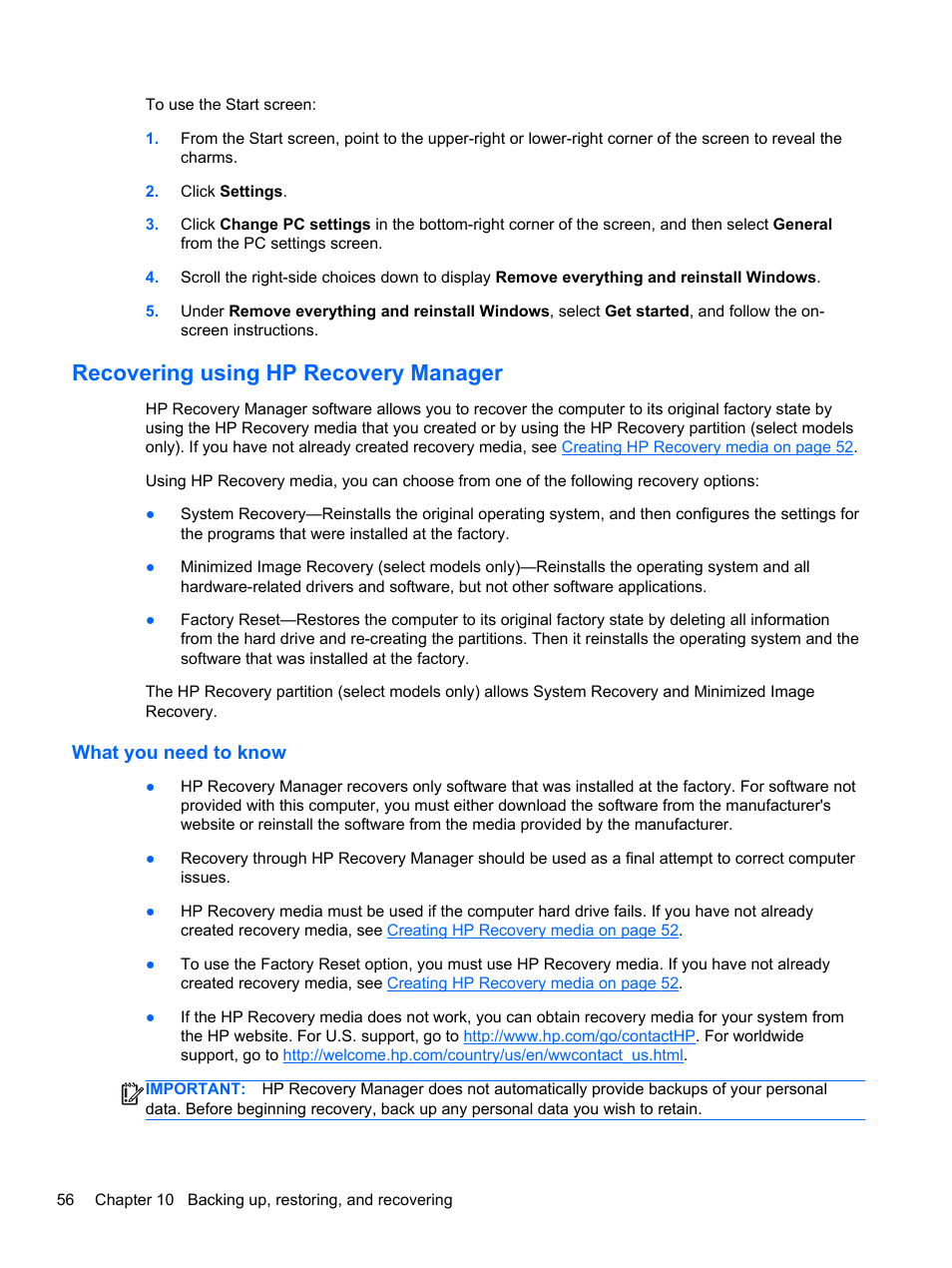 Recovering using hp recovery manager, What you need to know, Recovering using hp | HP ENVY Recline 23-k119c TouchSmart All-in-One Desktop PC User Manual | Page 62 / 79