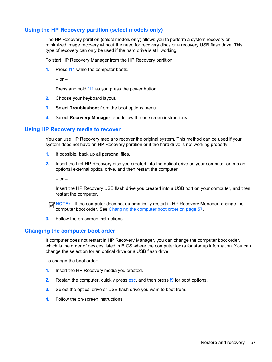Using hp recovery media to recover, Changing the computer boot order | HP ENVY Recline 23-k119c TouchSmart All-in-One Desktop PC User Manual | Page 63 / 79