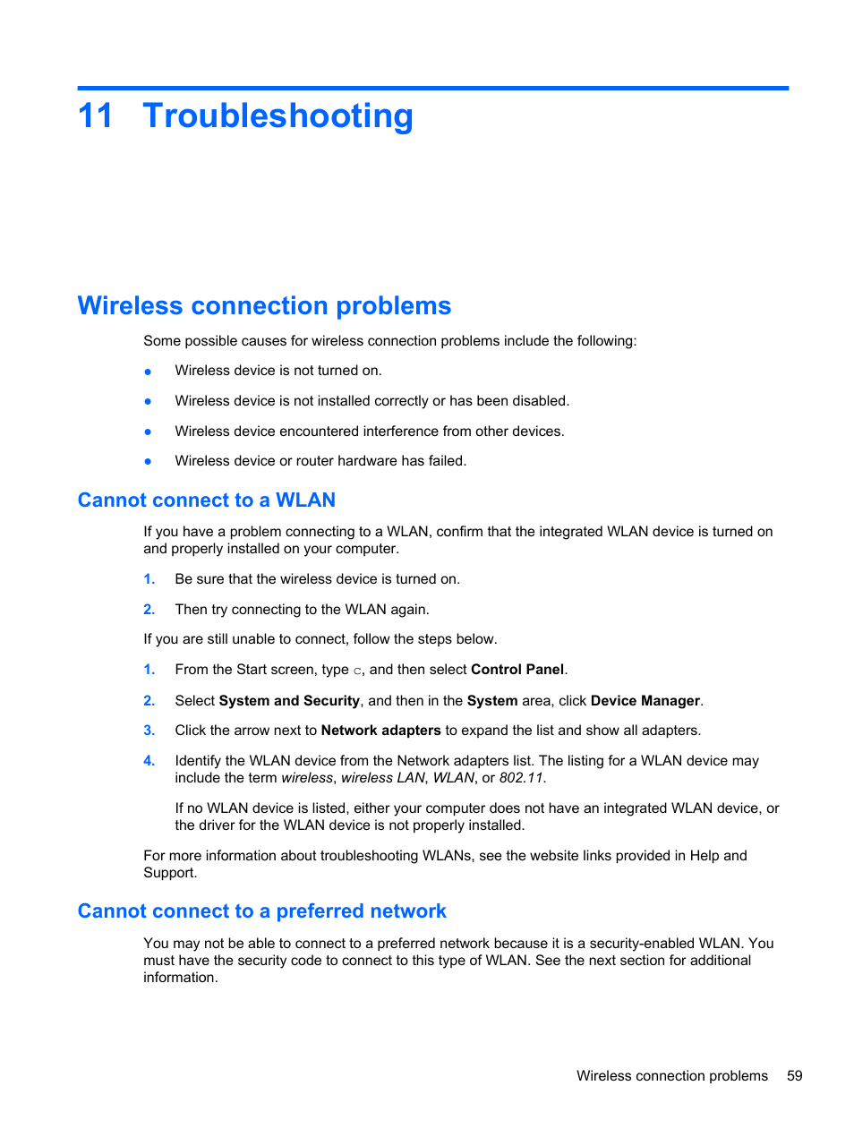 Troubleshooting, Wireless connection problems, Cannot connect to a wlan | Cannot connect to a preferred network, 11 troubleshooting | HP ENVY Recline 23-k119c TouchSmart All-in-One Desktop PC User Manual | Page 65 / 79