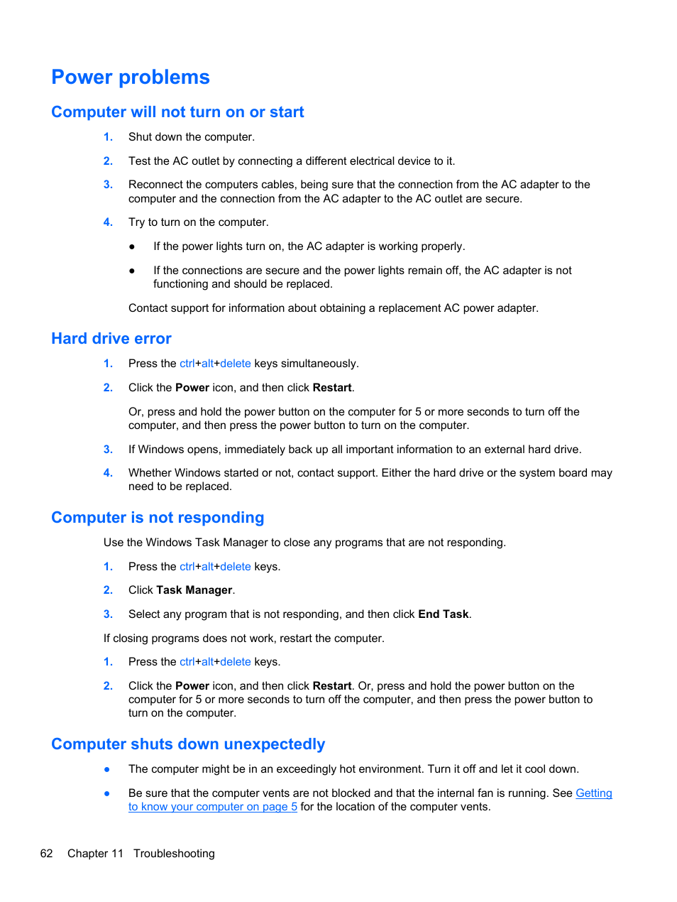Power problems, Computer will not turn on or start, Hard drive error | Computer is not responding, Computer shuts down unexpectedly | HP ENVY Recline 23-k119c TouchSmart All-in-One Desktop PC User Manual | Page 68 / 79
