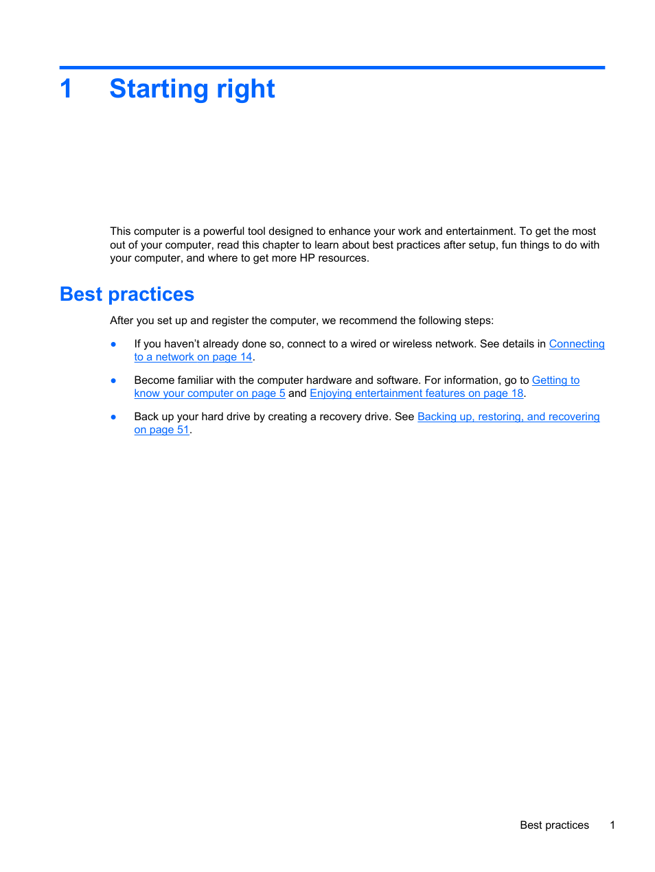 Starting right, Best practices, 1 starting right | 1starting right | HP ENVY Recline 23-k119c TouchSmart All-in-One Desktop PC User Manual | Page 7 / 79