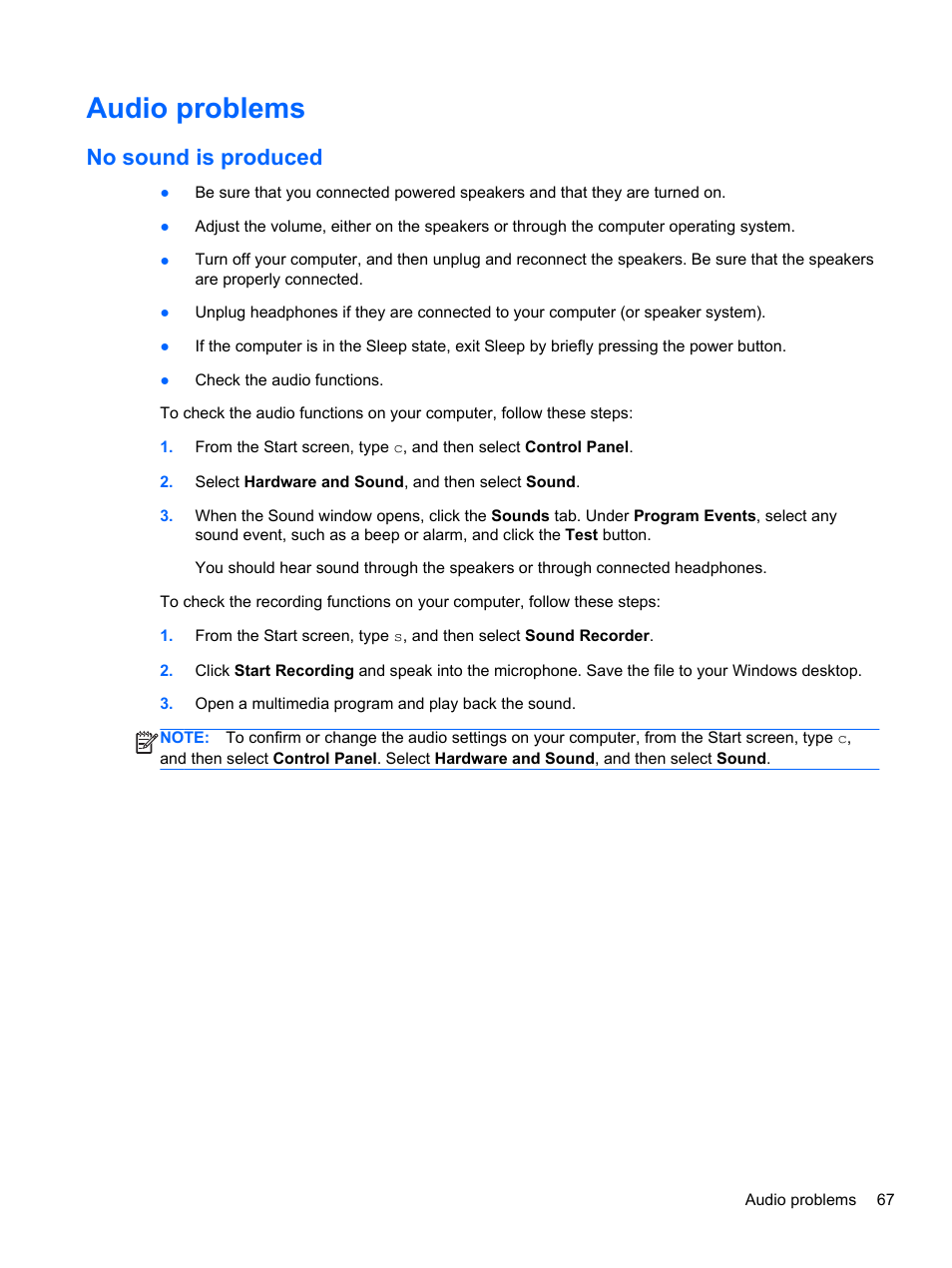 Audio problems, No sound is produced | HP ENVY Recline 23-k119c TouchSmart All-in-One Desktop PC User Manual | Page 73 / 79