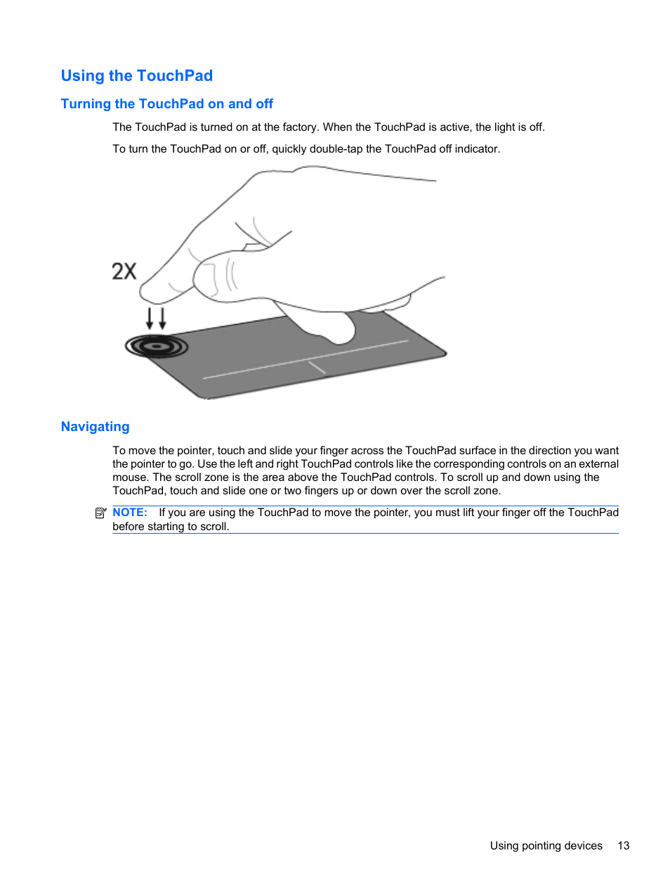 Using the touchpad, Turning the touchpad on and off, Navigating | Turning the touchpad on and off navigating | HP ProBook 5220m Notebook PC User Manual | Page 21 / 77