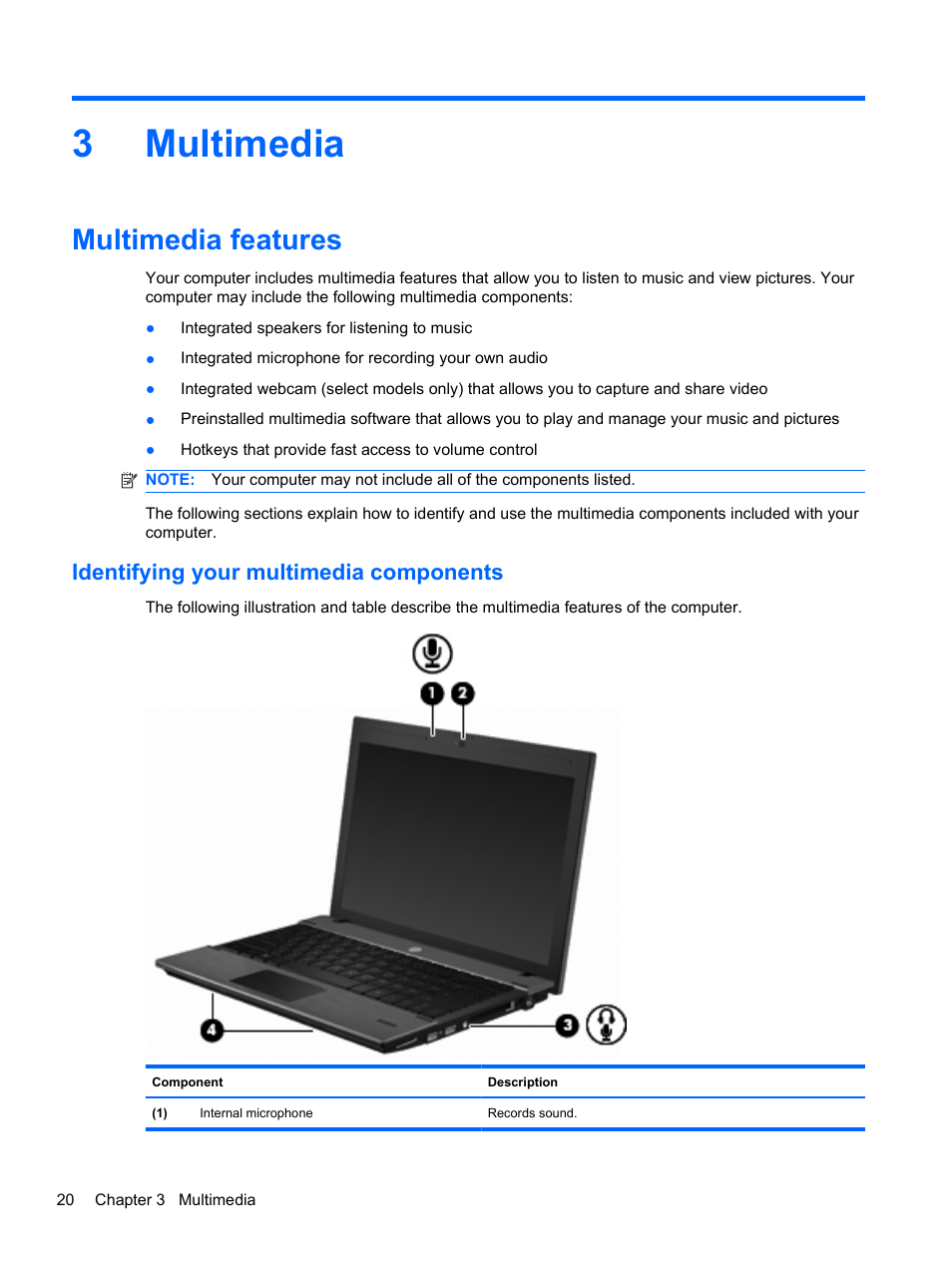 Multimedia, Multimedia features, Identifying your multimedia components | 3 multimedia, 3multimedia | HP ProBook 5220m Notebook PC User Manual | Page 28 / 77