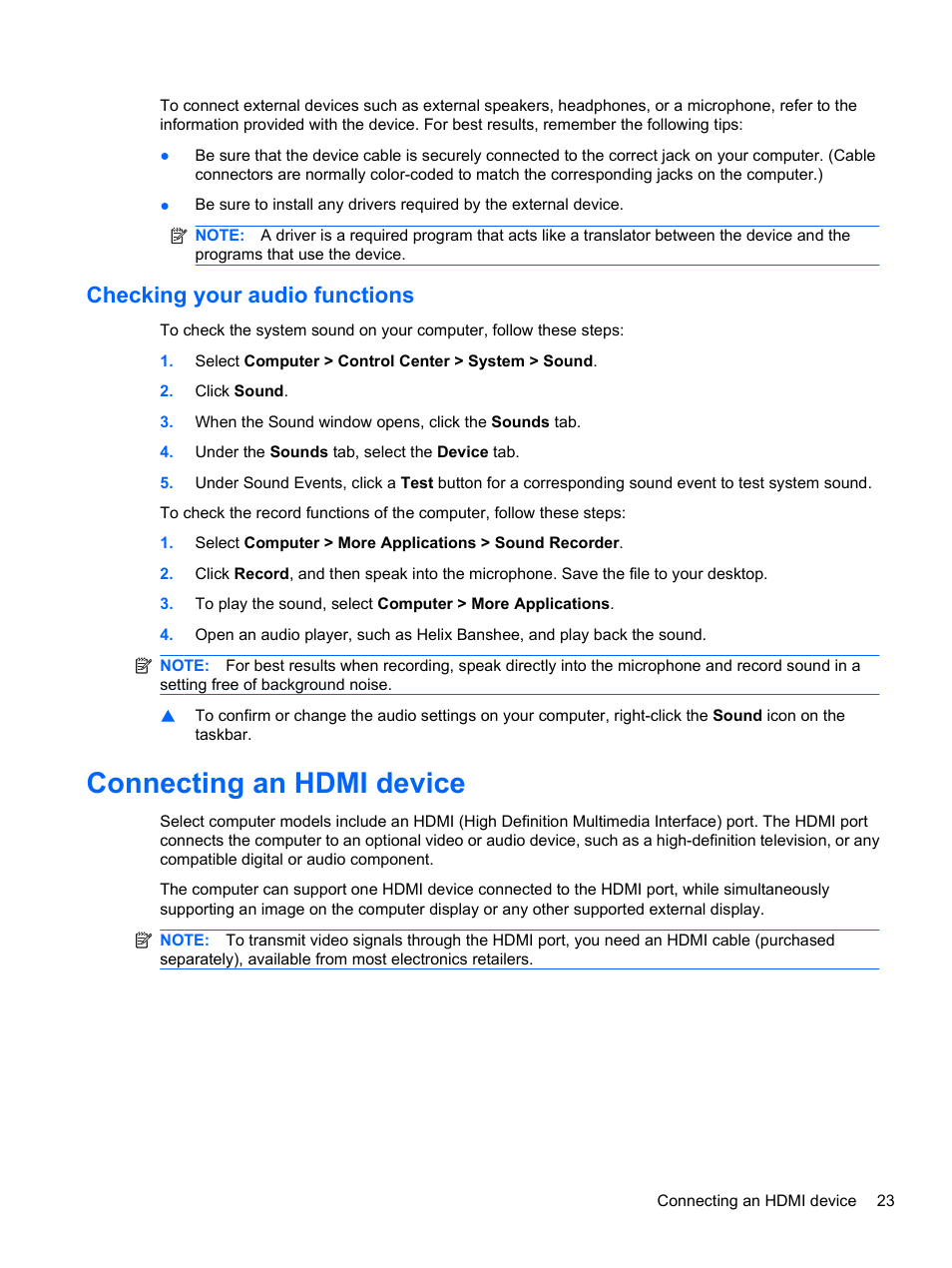 Checking your audio functions, Connecting an hdmi device | HP ProBook 5220m Notebook PC User Manual | Page 31 / 77