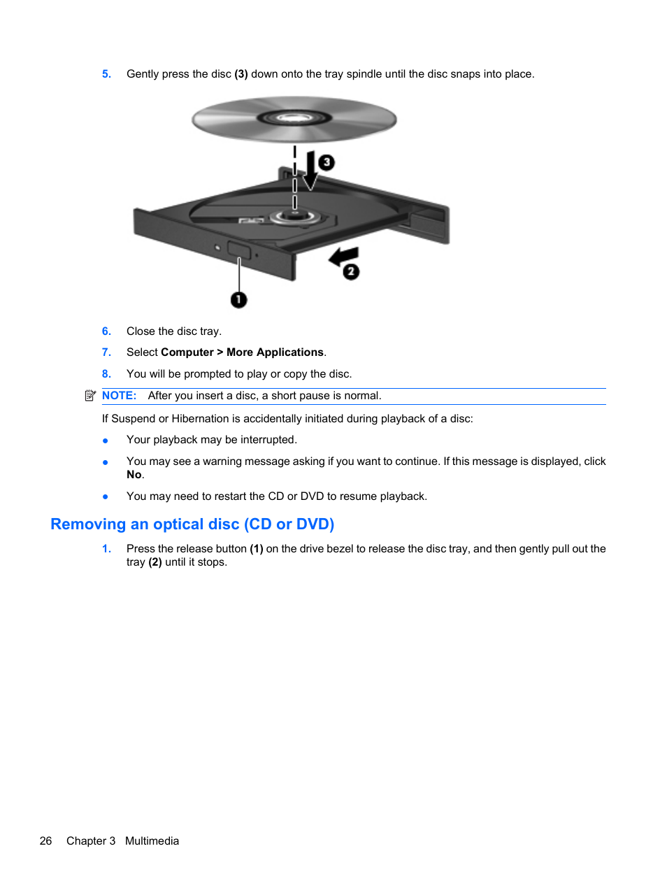 Removing an optical disc (cd or dvd) | HP ProBook 5220m Notebook PC User Manual | Page 34 / 77