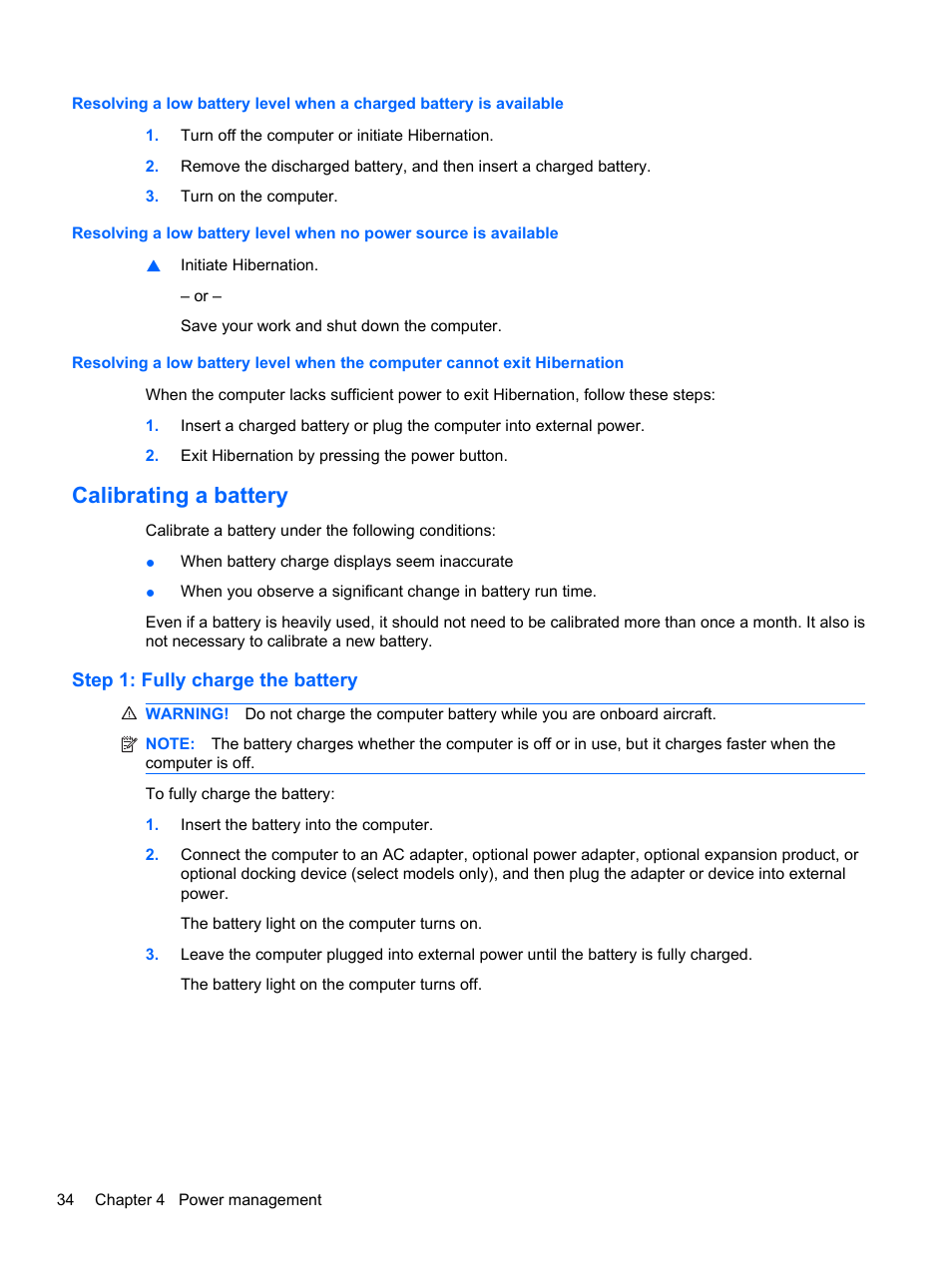 Calibrating a battery, Step 1: fully charge the battery | HP ProBook 5220m Notebook PC User Manual | Page 42 / 77