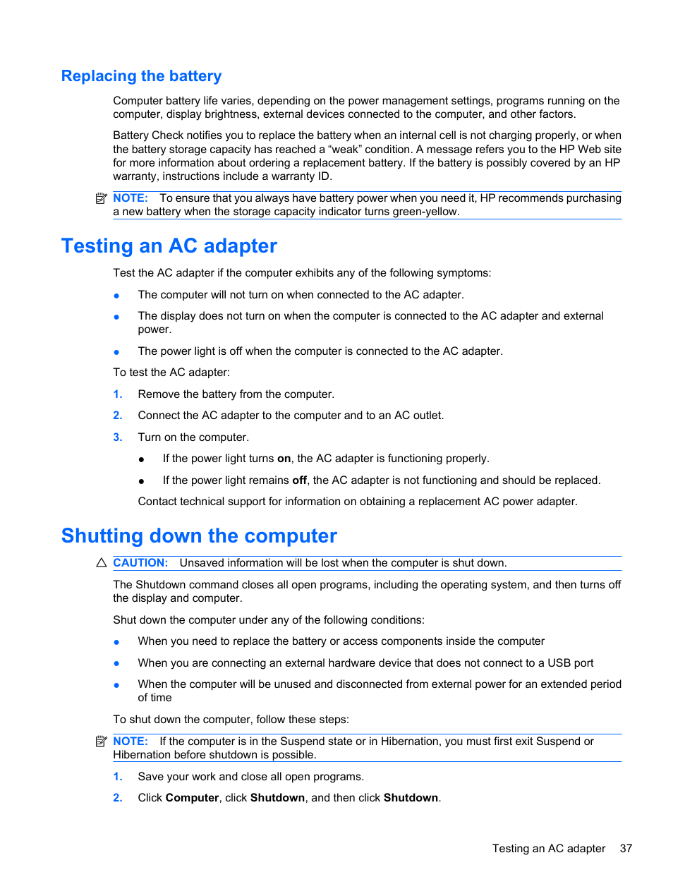 Replacing the battery, Testing an ac adapter, Shutting down the computer | Testing an ac adapter shutting down the computer | HP ProBook 5220m Notebook PC User Manual | Page 45 / 77