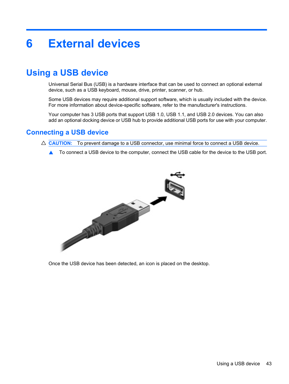 External devices, Using a usb device, Connecting a usb device | 6 external devices, 6external devices | HP ProBook 5220m Notebook PC User Manual | Page 51 / 77