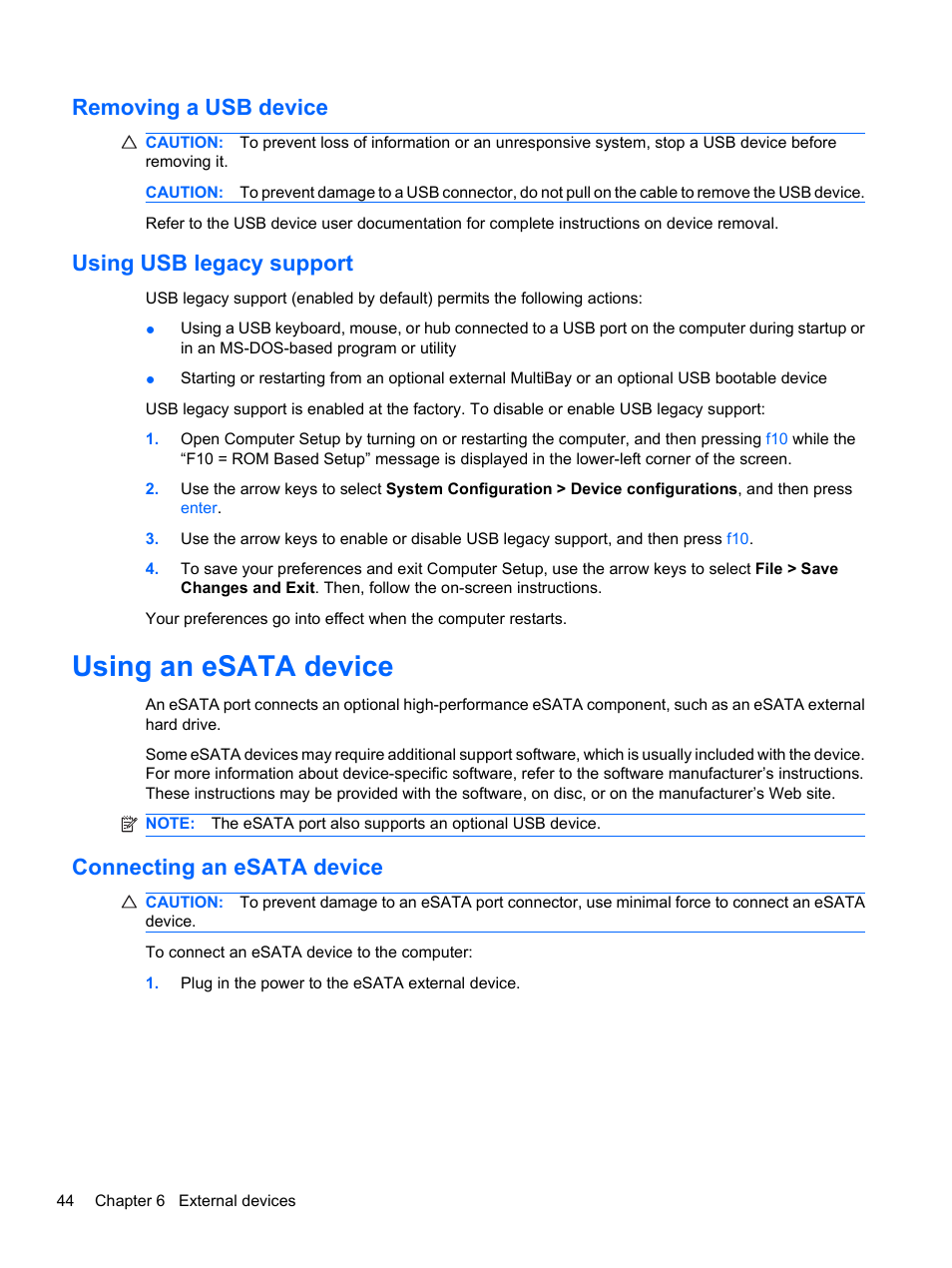 Removing a usb device, Using usb legacy support, Using an esata device | Connecting an esata device, Removing a usb device using usb legacy support | HP ProBook 5220m Notebook PC User Manual | Page 52 / 77