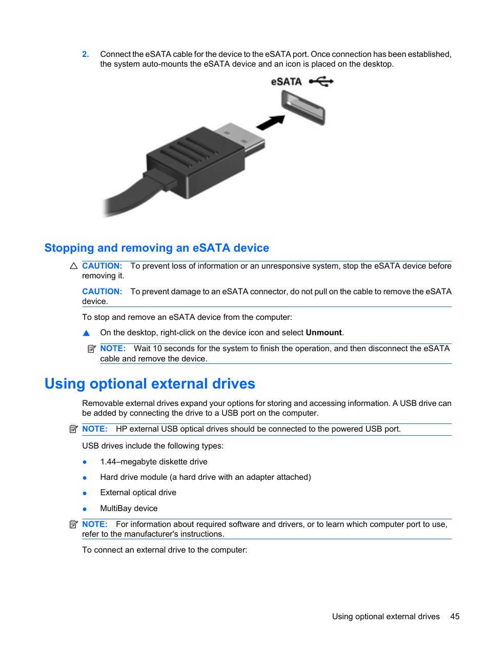 Stopping and removing an esata device, Using optional external drives | HP ProBook 5220m Notebook PC User Manual | Page 53 / 77