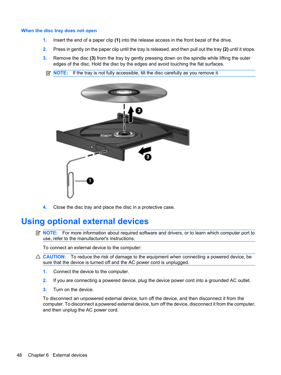 When the disc tray does not open, Using optional external devices | HP ProBook 5220m Notebook PC User Manual | Page 56 / 77