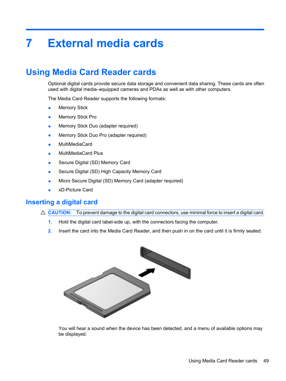 External media cards, Using media card reader cards, Inserting a digital card | 7 external media cards, 7external media cards | HP ProBook 5220m Notebook PC User Manual | Page 57 / 77