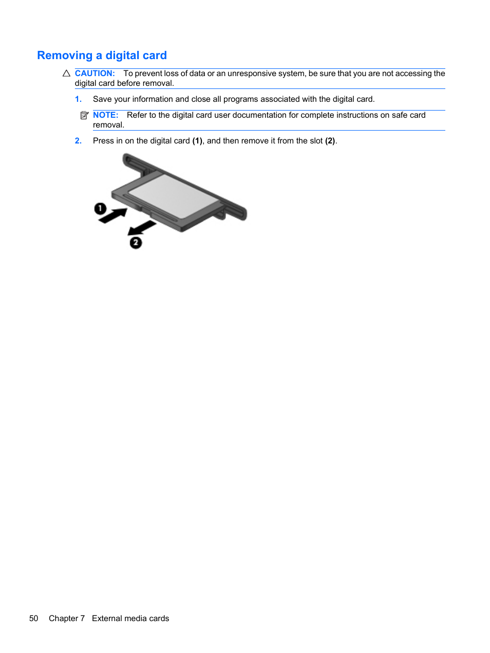 Removing a digital card | HP ProBook 5220m Notebook PC User Manual | Page 58 / 77