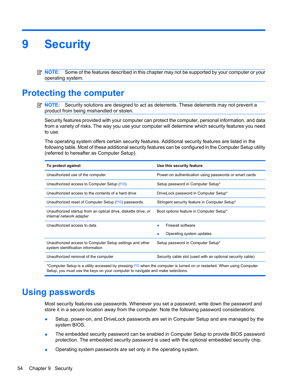 Security, Protecting the computer, Using passwords | 9 security, Protecting the computer using passwords, 9security | HP ProBook 5220m Notebook PC User Manual | Page 62 / 77