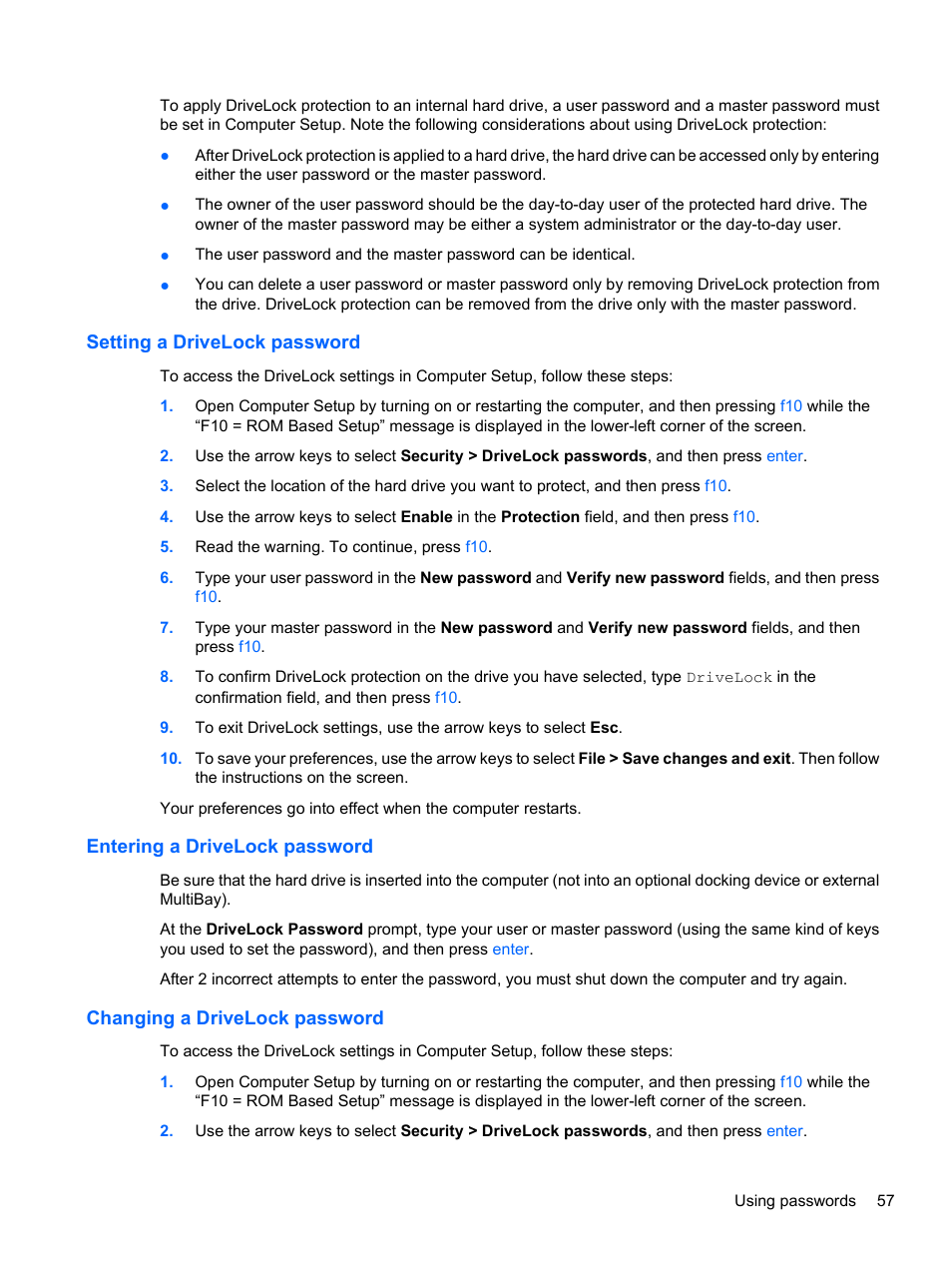 Setting a drivelock password, Entering a drivelock password, Changing a drivelock password | HP ProBook 5220m Notebook PC User Manual | Page 65 / 77