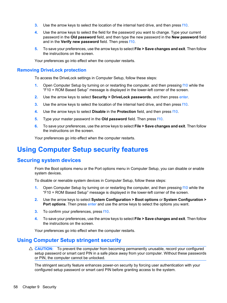 Removing drivelock protection, Using computer setup security features, Securing system devices | Using computer setup stringent security | HP ProBook 5220m Notebook PC User Manual | Page 66 / 77