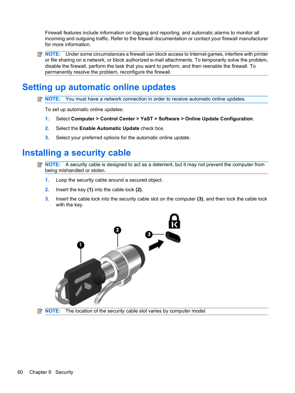 Setting up automatic online updates, Installing a security cable | HP ProBook 5220m Notebook PC User Manual | Page 68 / 77
