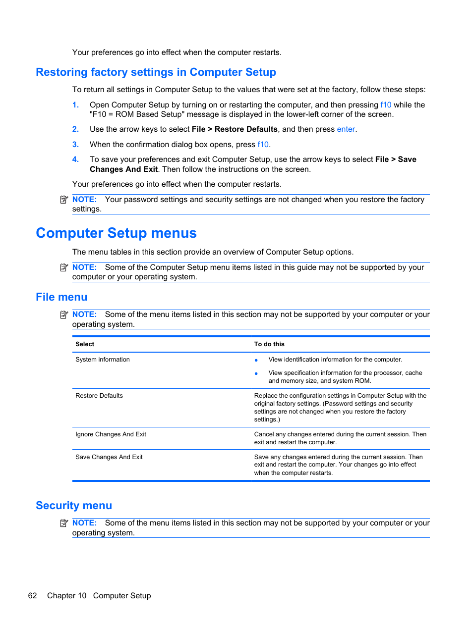 Restoring factory settings in computer setup, Computer setup menus, File menu | Security menu, File menu security menu | HP ProBook 5220m Notebook PC User Manual | Page 70 / 77