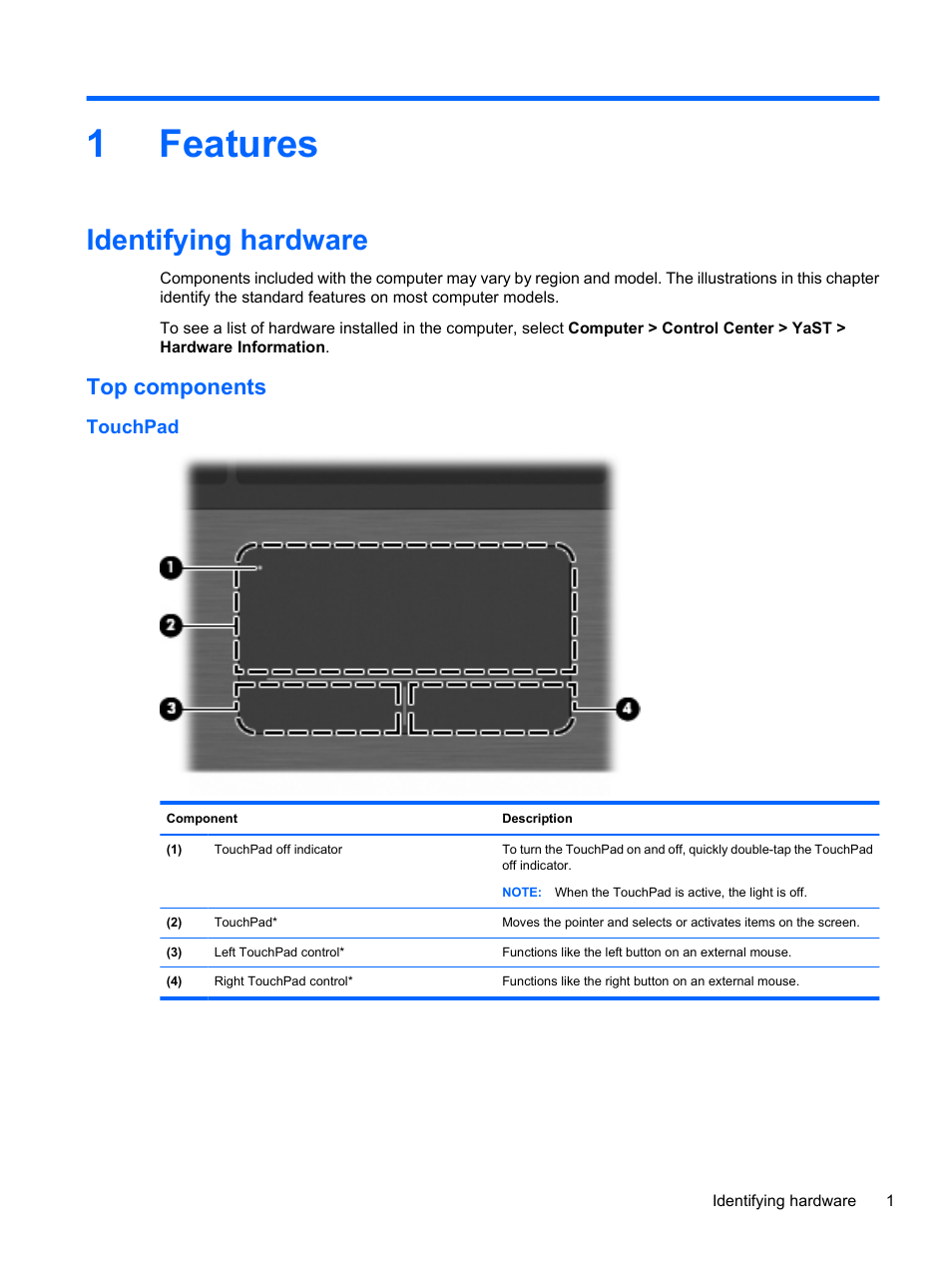 Features, Identifying hardware, Top components | Touchpad, 1 features, 1features | HP ProBook 5220m Notebook PC User Manual | Page 9 / 77