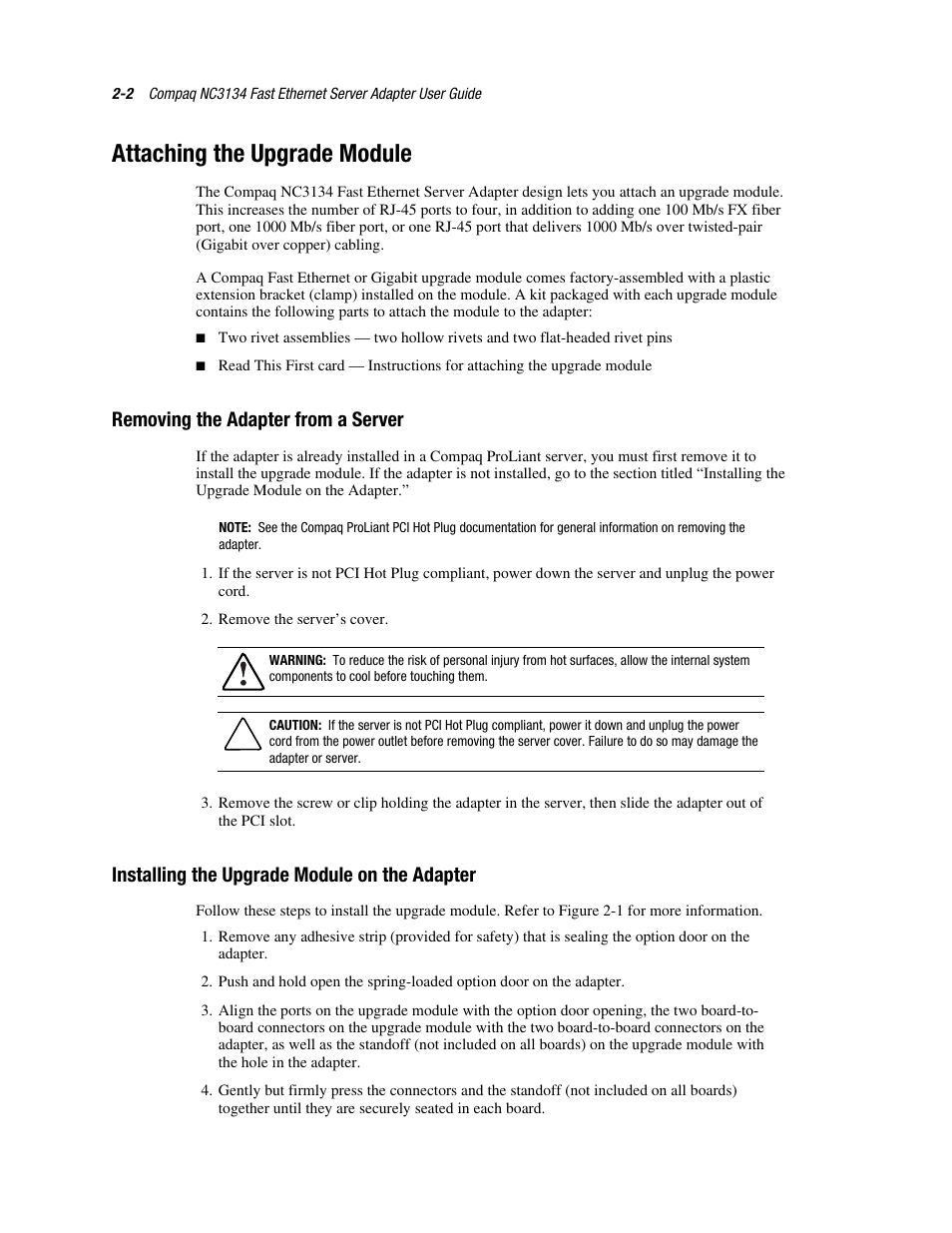 Attaching the upgrade module, Removing the adapter from a server, Installing the upgrade module on the adapter | Attaching the upgrade module -2, Removing the adapter from a server -2, Installing the upgrade module on the adapter -2 | HP NC6133 Gigabit Module 1000 LX User Manual | Page 15 / 33