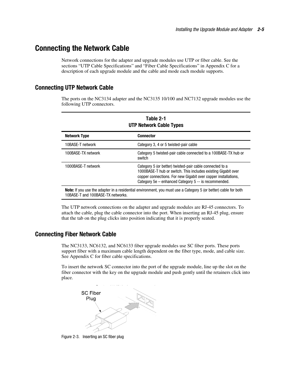 Connecting the network cable, Connecting utp network cable, Connecting fiber network cable | Connecting the network cable -5, Connecting utp network cable -5, Connecting fiber network cable -5 | HP NC6133 Gigabit Module 1000 LX User Manual | Page 18 / 33