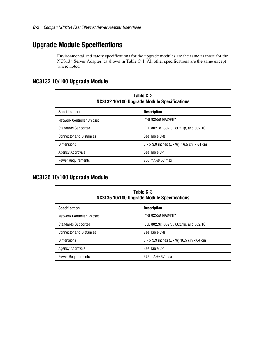 Upgrade module specifications, Nc3132 10/100 upgrade module, Nc3135 10/100 upgrade module | HP NC6133 Gigabit Module 1000 LX User Manual | Page 26 / 33