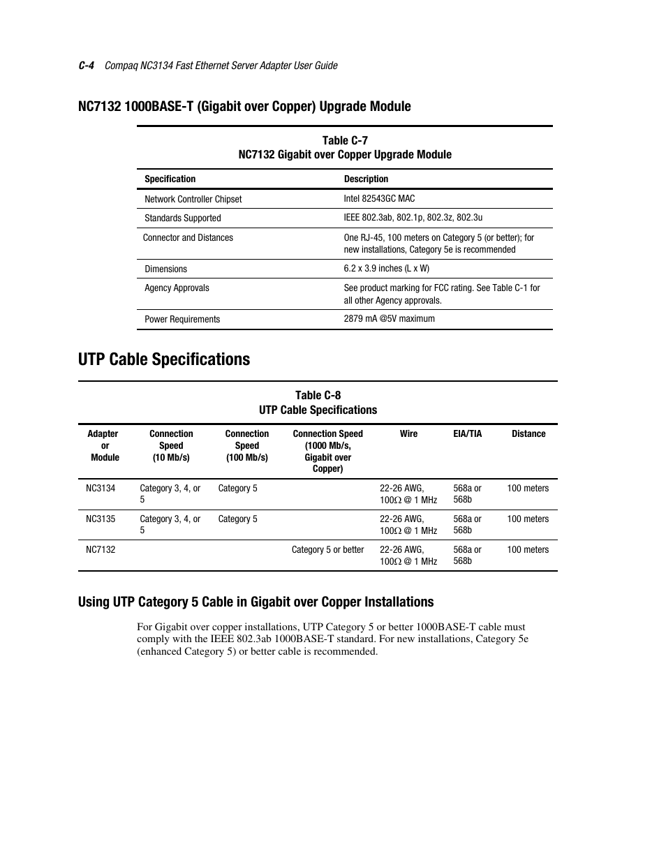 Utp cable specifications, Connector and distances, See table c-8 | HP NC6133 Gigabit Module 1000 LX User Manual | Page 28 / 33