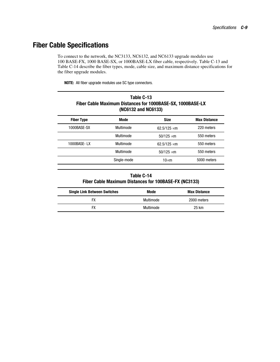Fiber cable specifications, Connector and distances, See table c-13 | HP NC6133 Gigabit Module 1000 LX User Manual | Page 33 / 33