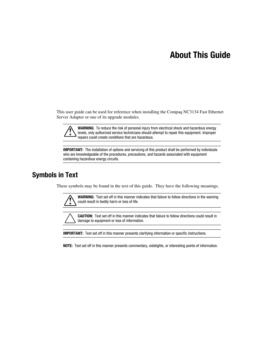 About this guide, Symbols in text | HP NC6133 Gigabit Module 1000 LX User Manual | Page 5 / 33