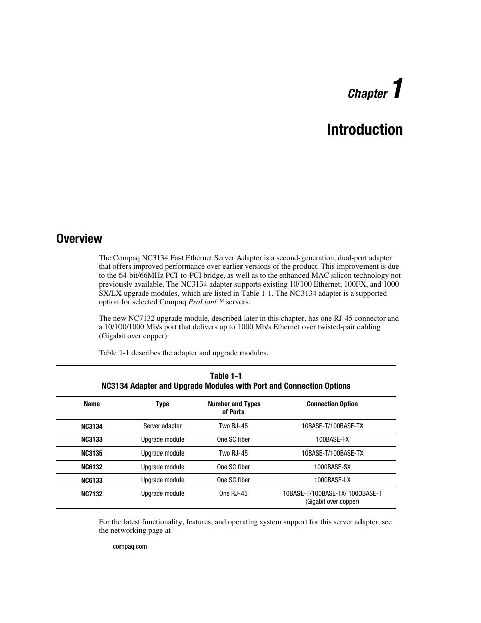 Chapter 1: introduction, Overview, Chapter 1 | Introduction, Overview -1, Chapter | HP NC6133 Gigabit Module 1000 LX User Manual | Page 9 / 33