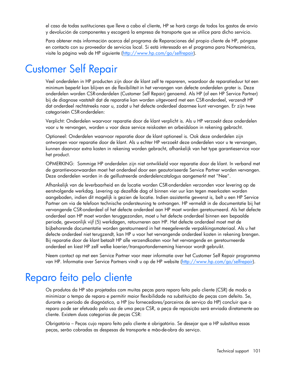 Customer self repair, Reparo feito pelo cliente | HP ProLiant DL385 G7 Server User Manual | Page 101 / 111