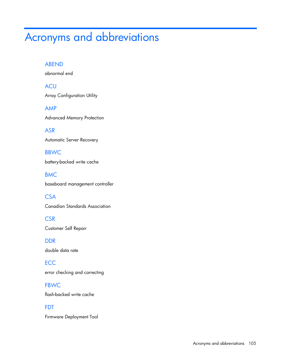 Acronyms and abbreviations | HP ProLiant DL385 G7 Server User Manual | Page 105 / 111