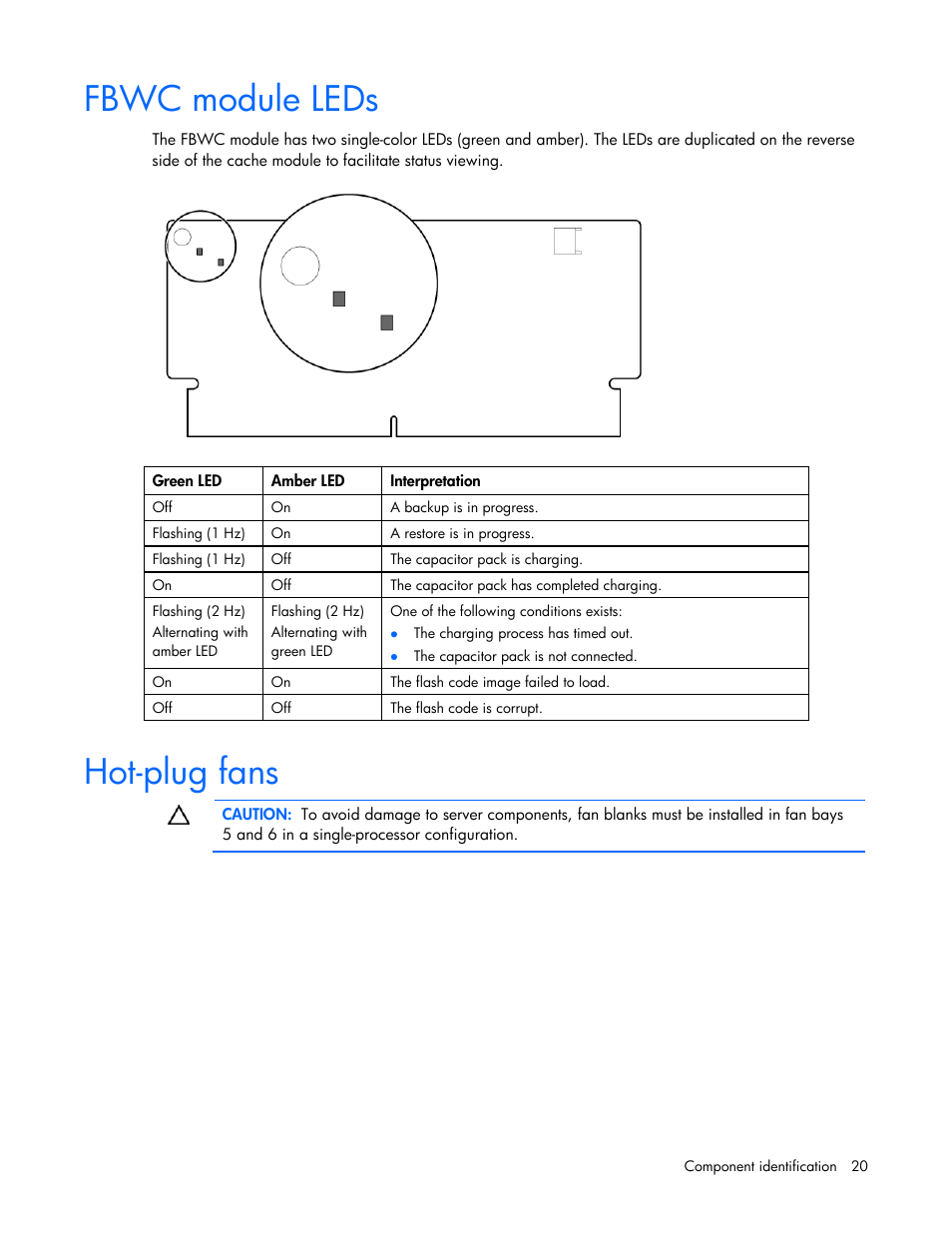 Fbwc module leds, Hot-plug fans, Fbwc module leds hot-plug fans | HP ProLiant DL385 G7 Server User Manual | Page 20 / 111