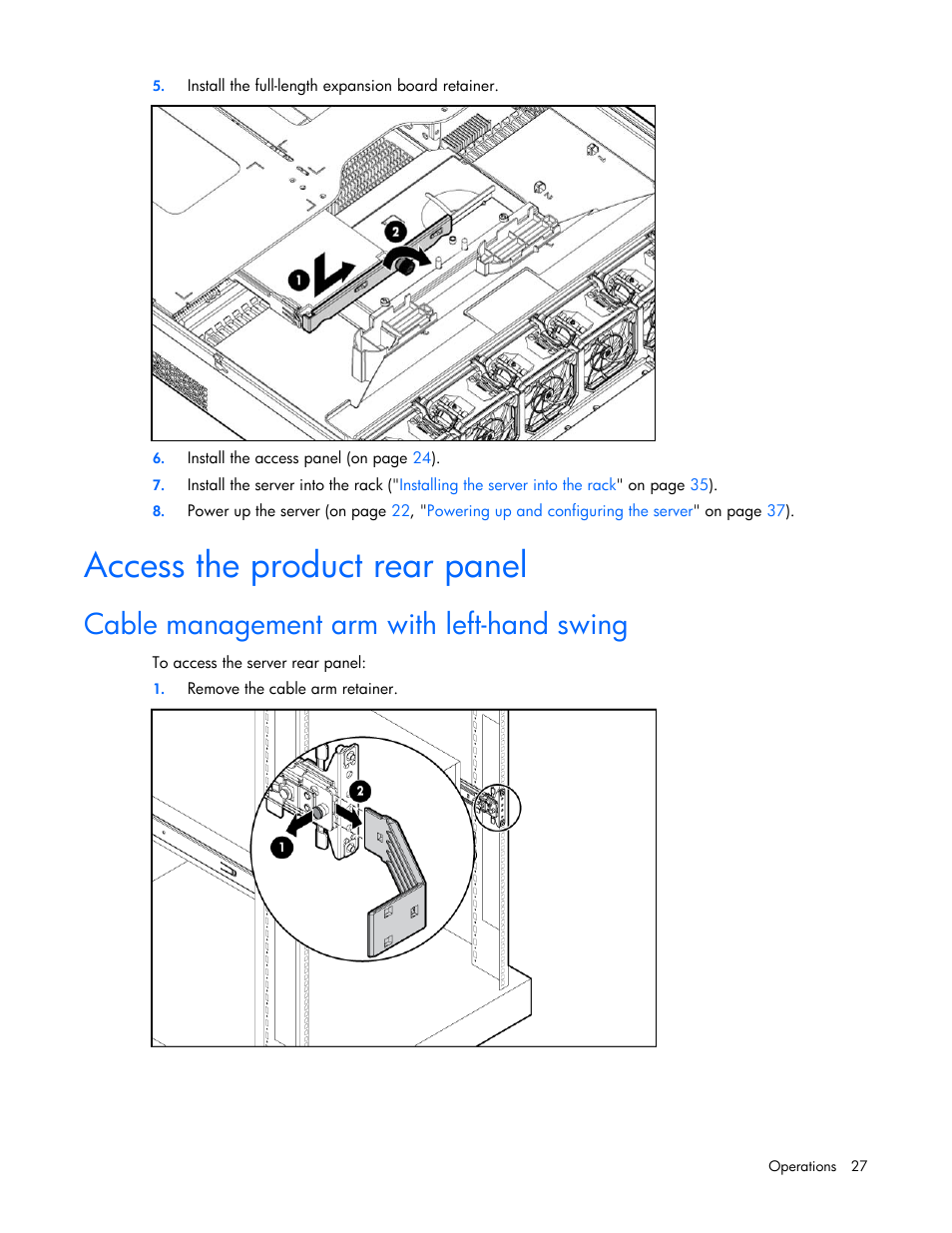 Access the product rear panel, Cable management arm with left-hand swing | HP ProLiant DL385 G7 Server User Manual | Page 27 / 111