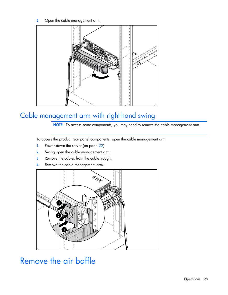 Cable management arm with right-hand swing, Remove the air baffle | HP ProLiant DL385 G7 Server User Manual | Page 28 / 111