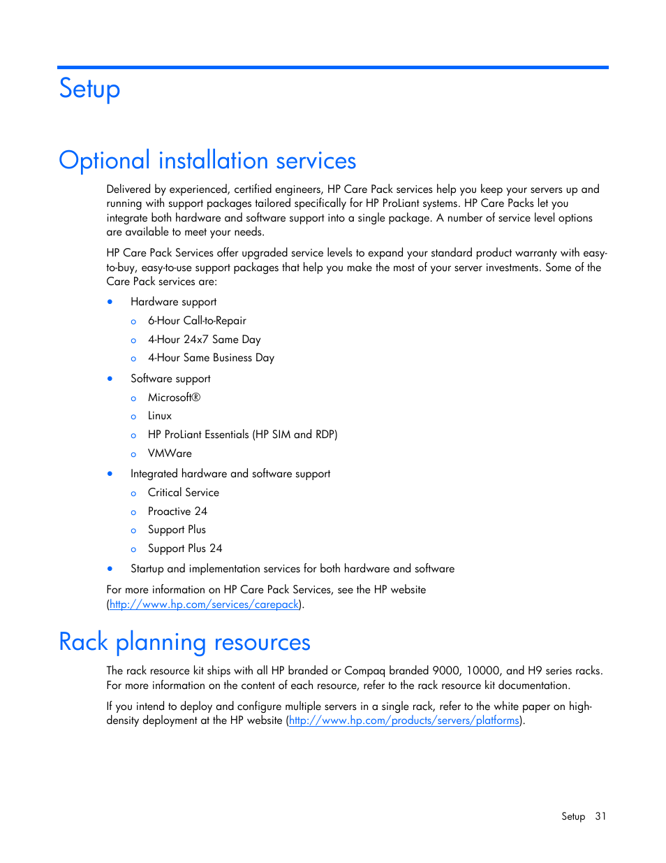 Setup, Optional installation services, Rack planning resources | HP ProLiant DL385 G7 Server User Manual | Page 31 / 111