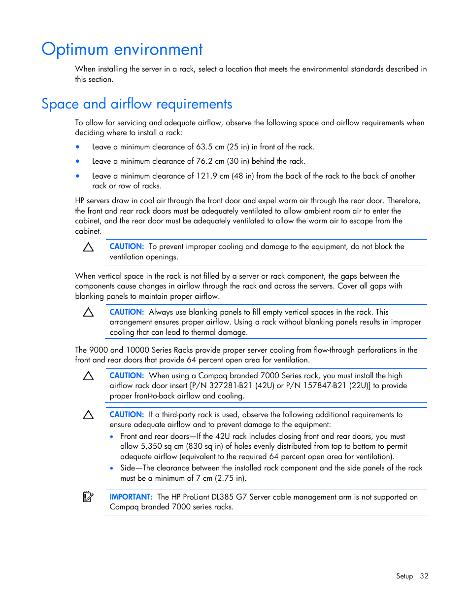 Optimum environment, Space and airflow requirements | HP ProLiant DL385 G7 Server User Manual | Page 32 / 111