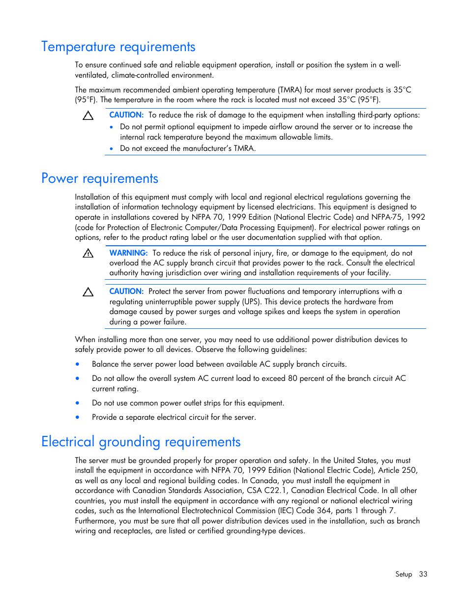 Temperature requirements, Power requirements, Electrical grounding requirements | HP ProLiant DL385 G7 Server User Manual | Page 33 / 111