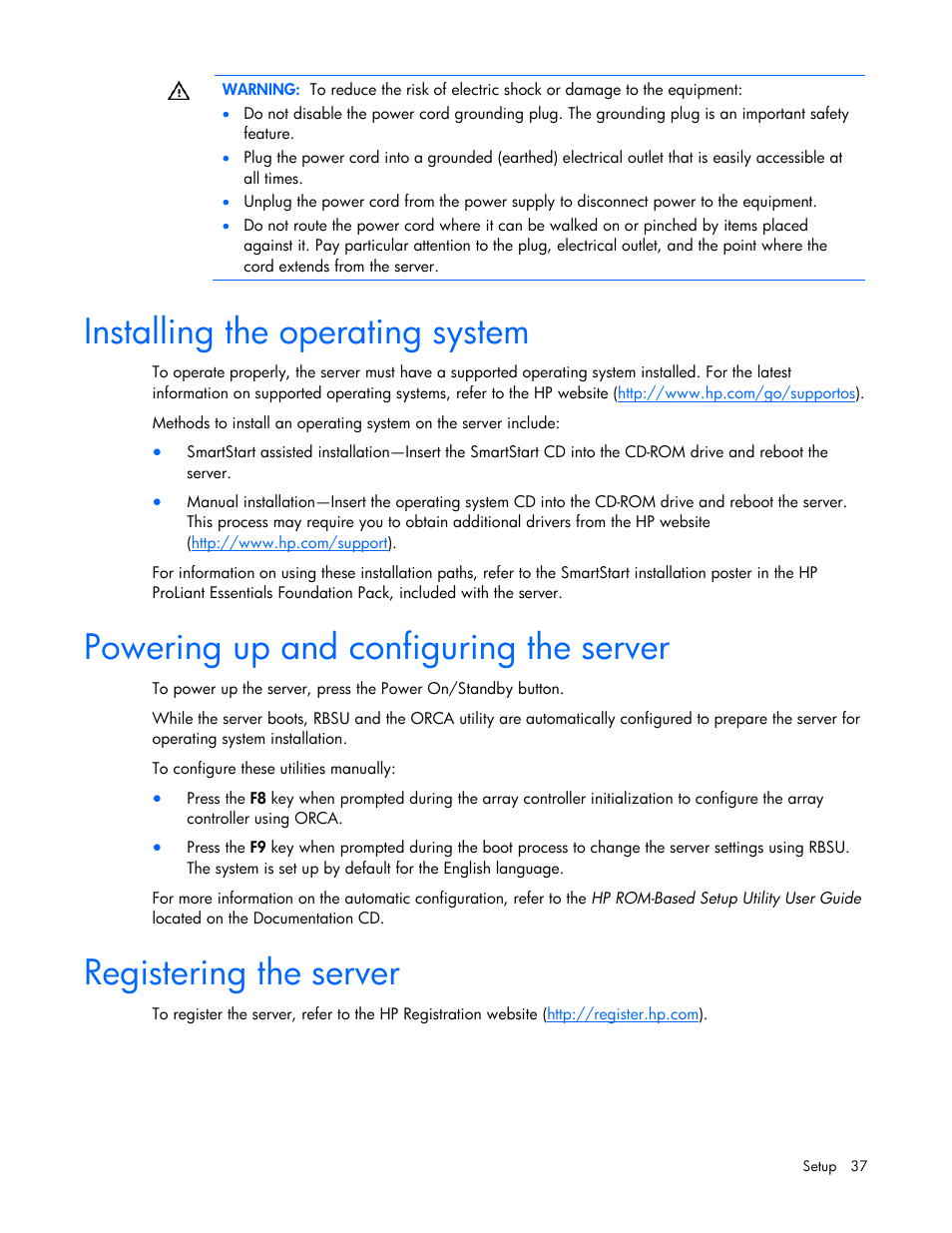 Installing the operating system, Powering up and configuring the server, Registering the server | HP ProLiant DL385 G7 Server User Manual | Page 37 / 111