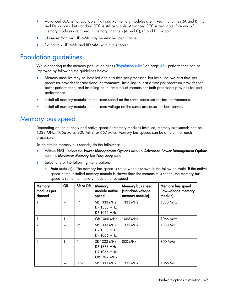 Population guidelines, Memory bus speed, Population guidelines memory bus speed | HP ProLiant DL385 G7 Server User Manual | Page 49 / 111