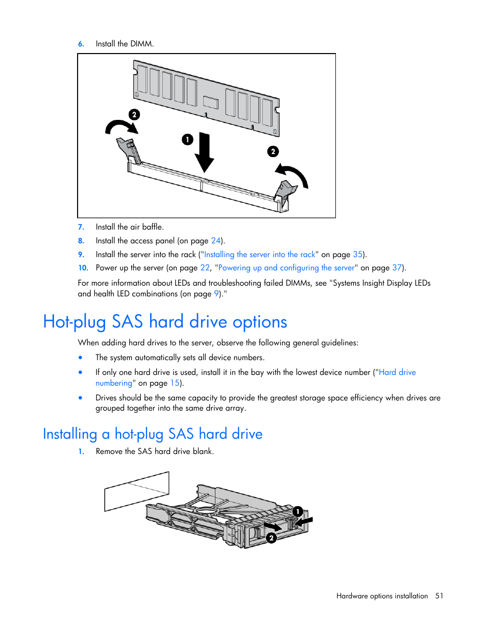 Hot-plug sas hard drive options, Installing a hot-plug sas hard drive | HP ProLiant DL385 G7 Server User Manual | Page 51 / 111